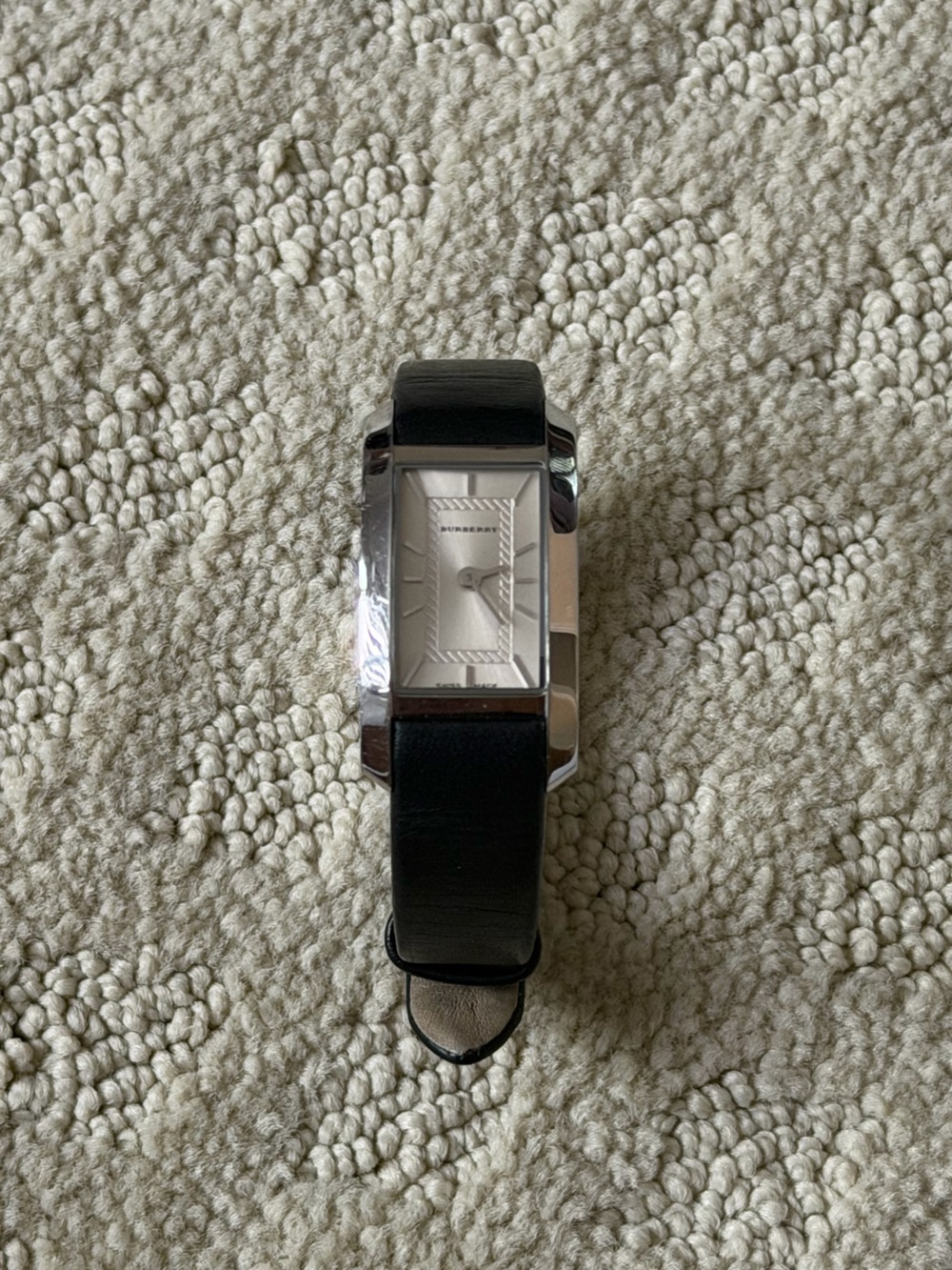 Burberry Silver-Tone Rectangular Watch with Black Leather Strap